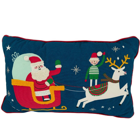 Christmas Santa On Sleigh Reindeer Embroidered Throw Lumbar 2 Pillows 19 X 11 In - Picture 1 of 7